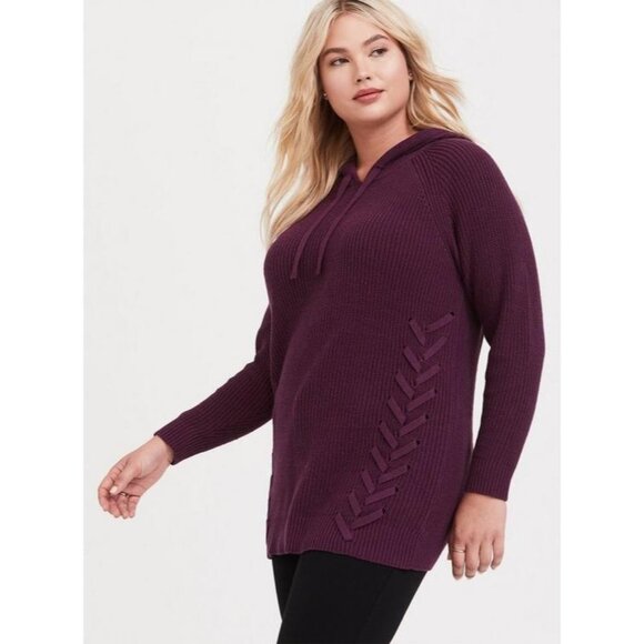 Torrid Size 2 2X Pullover Hooded Sweater Burgundy Red Ribbed Drawstring Lace Up - Picture 1 of 9